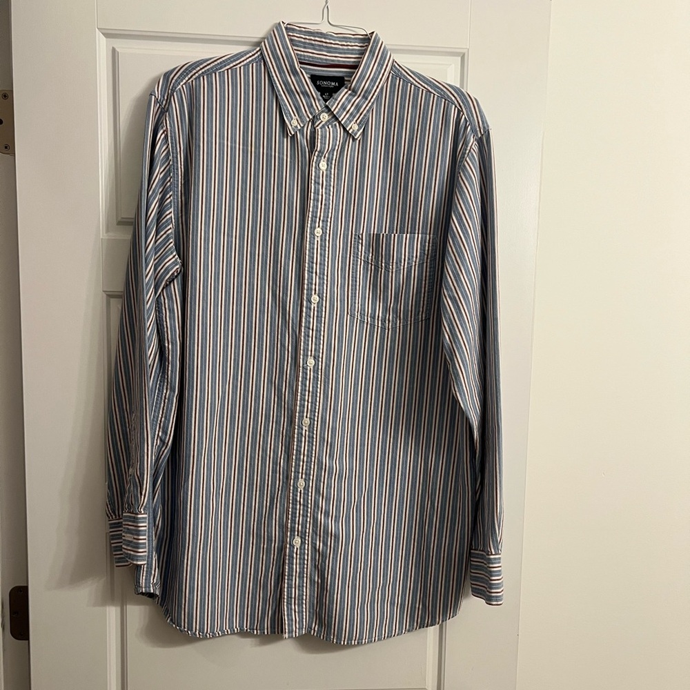 Sonoma large tall button down. Red blue white striped.